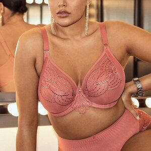 Elomi Priya Plunge Bra 32M NEW Rose Gold Pink Embroidered Jewel Feminine Sexy